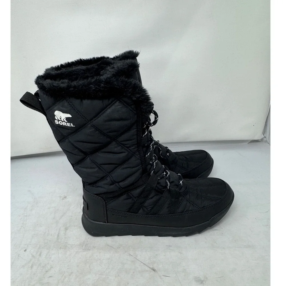 🔥Sorel Whitney🖤Tall Lace Black insulated Waterproof Winter Snow Boots‎ Fur 7.5